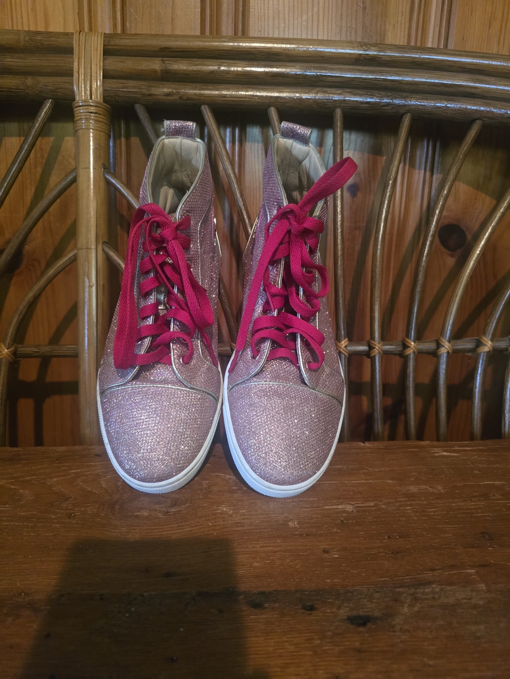 Christian Louboutin Sparkly Pink High Top Sneakers with Hot Pink Laces - Picture 2 of 16
